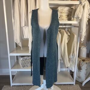 2 Sisters, teal/green open duster length sleeveless cardigan. #1915